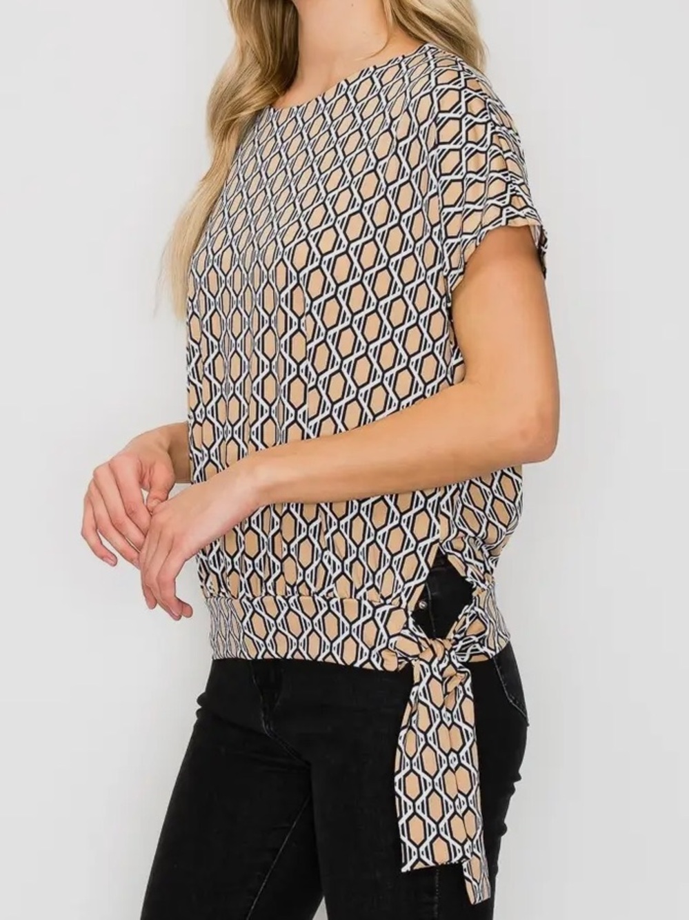 Perseption Concept Diamond Print Side Tie Dolman Short Sleeve Top
